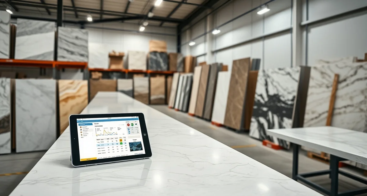 SlabWare software platform interface for stone fabrication shops SlabWare countertop fabrication software dashboard displaying slab inventory management and material tracking features for stone shops