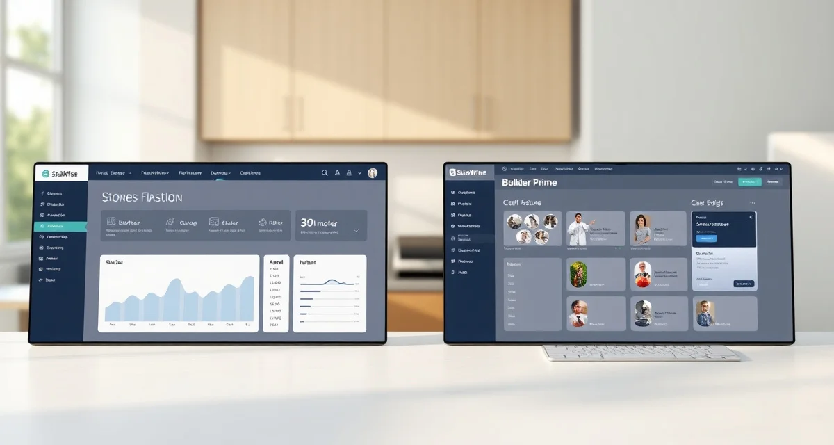 SlabWise vs Builder Prime feature comparison visual Comparison of SlabWise countertop fabrication software vs Builder Prime contractor CRM platforms showing different feature interfaces