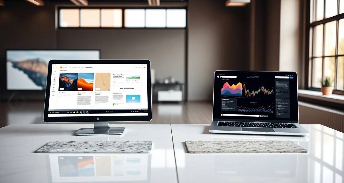 Fabrication software comparison visual Side-by-side comparison of SlabWise and StoneGrid countertop fabrication software interfaces with stone samples