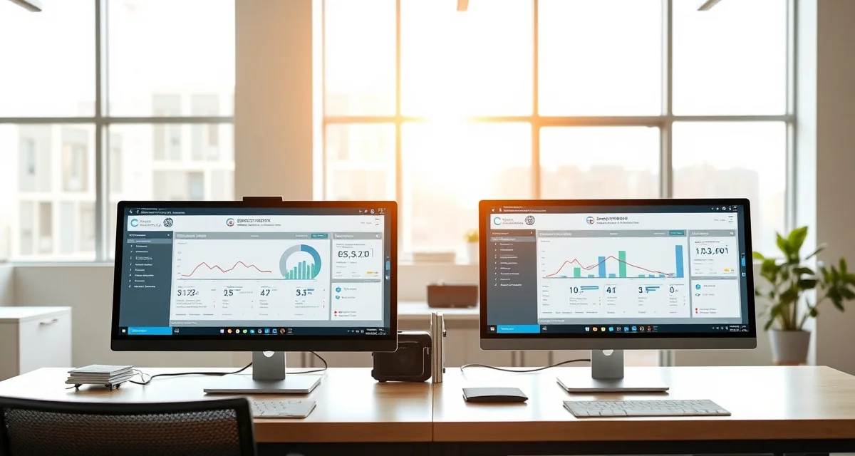 Software comparison dashboard display SlabWise and Fab-Pak countertop management software interfaces compared side-by-side on computer monitors in professional stone fabrication shop office