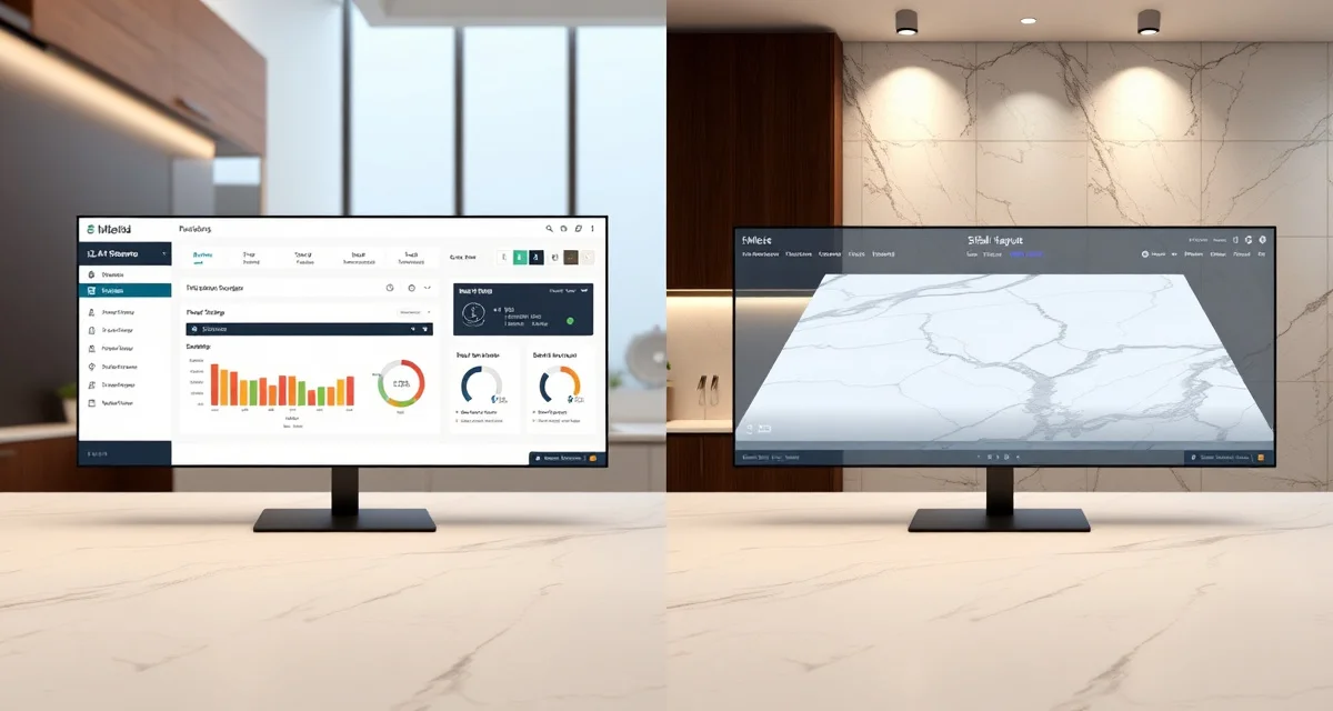 Side-by-side comparison of countertop fabrication software platforms SlabWise vs SlabSmith comparison showing AI management platform and slab visualization tools for stone countertop fabrication