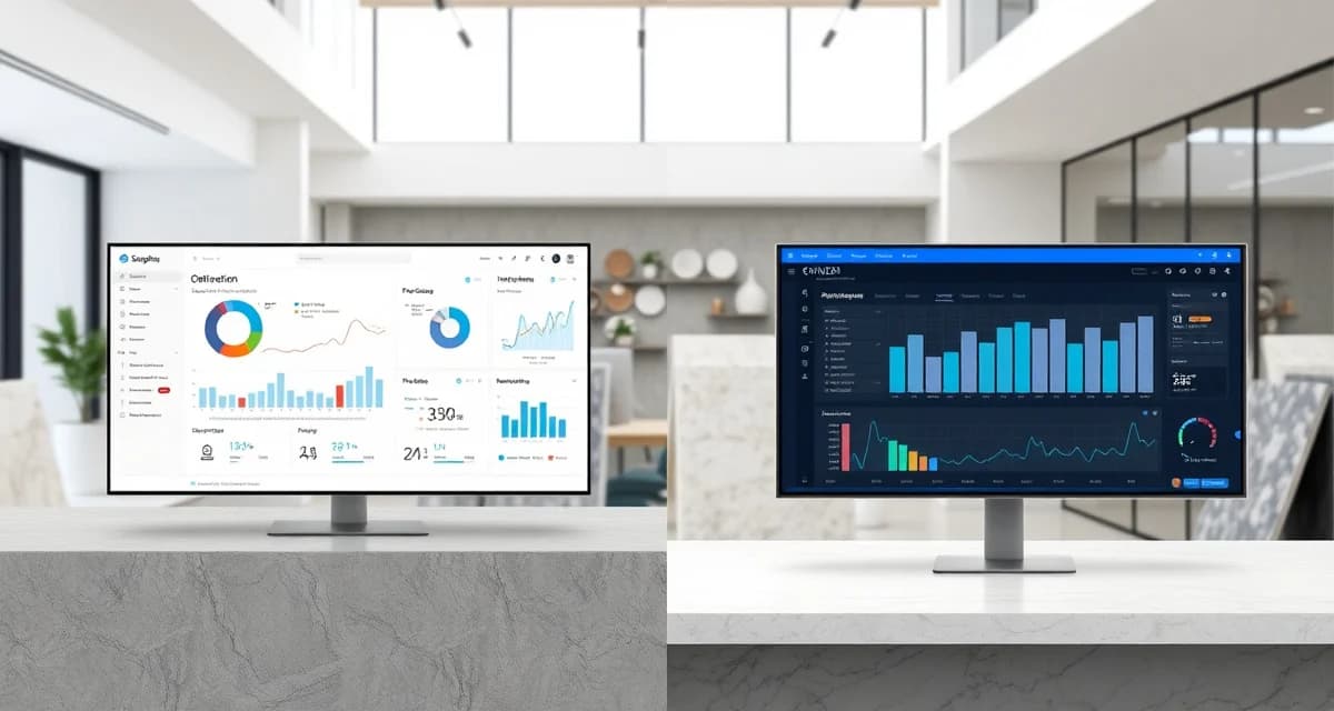 Software comparison visualization Side-by-side comparison of SlabWise AI-powered and SlabWare inventory management software interfaces for countertop fabrication shops.