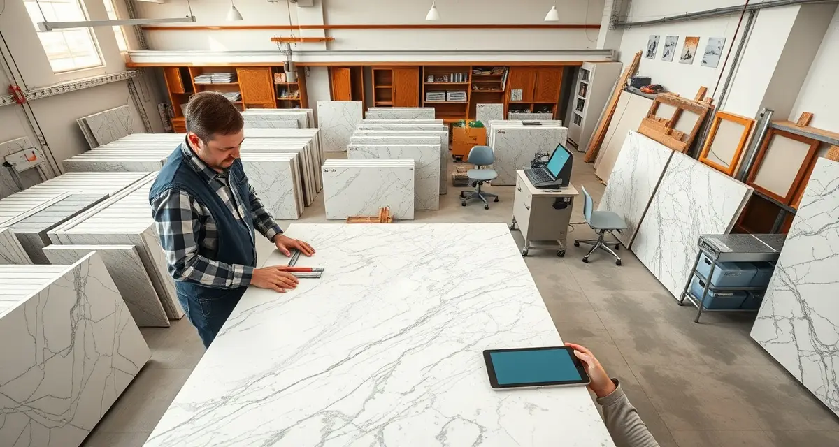 Efficient countertop fabrication workflow for small shops Stone fabrication shop owner measuring countertop slab with precision tools in organized small business workspace