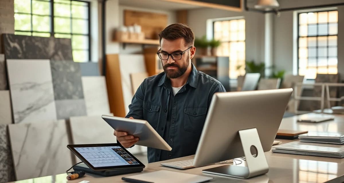 Social media planning for stone countertop businesses Countertop fabrication shop manager planning social media content with calendar and stone samples on desk