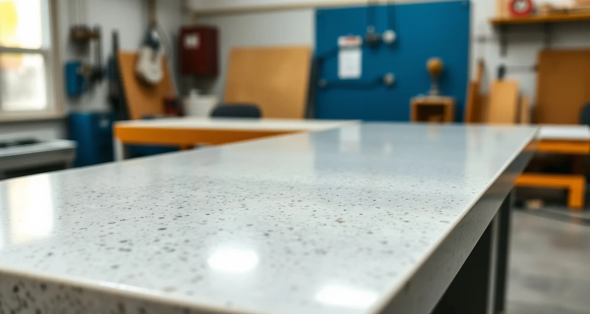 Solid surface countertop material sample Polished solid surface countertop sample displaying acrylic resin composition with natural minerals, showcasing non-porous fabrication quality for shop management