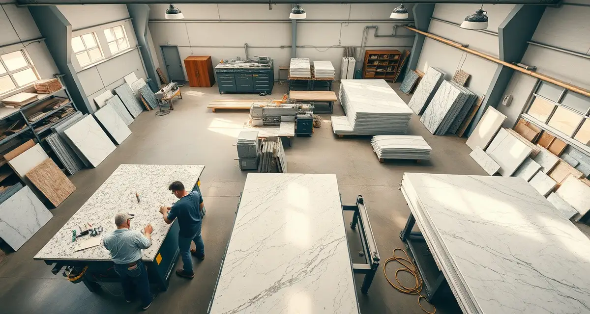 Modern stone fabrication workshop operations Professional countertop fabrication shop in South Carolina with workers processing granite and quartz stone slabs on cutting equipment.