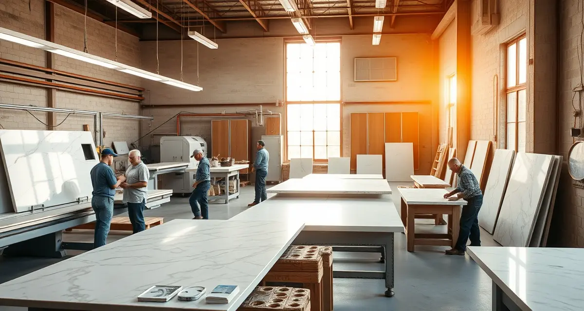 Modern stone countertop fabrication workshop Professional countertop fabrication shop in South Dakota with stone slabs and modern cutting equipment for kitchen and bathroom installations.