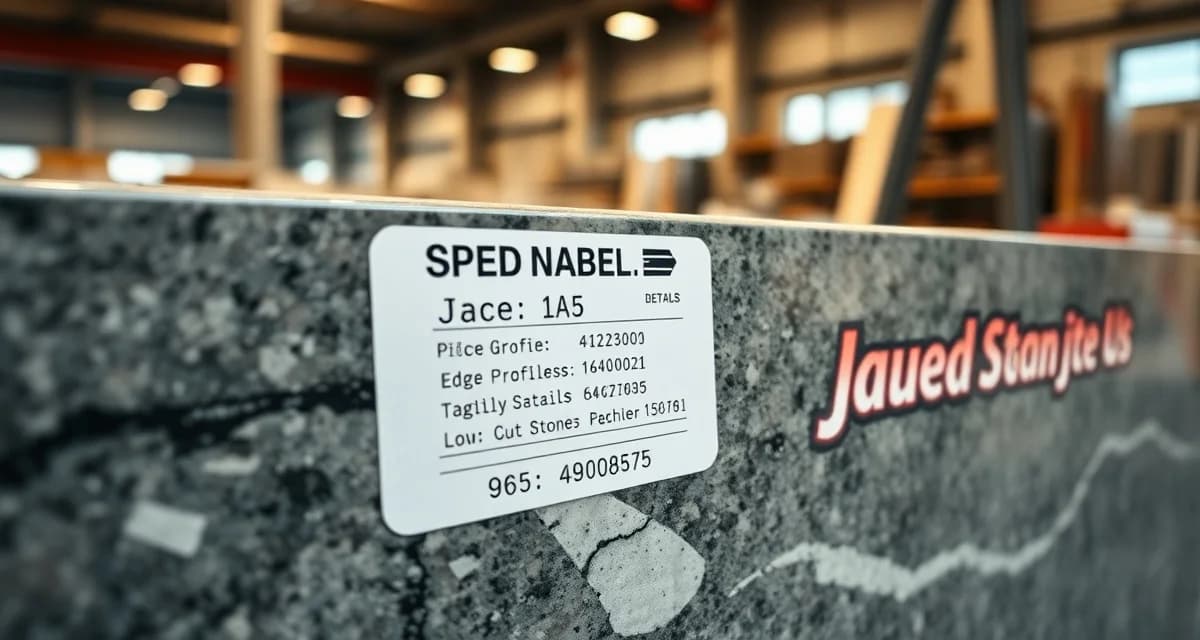 Speed label example on stone countertop slab Printed speed label on granite countertop piece showing job name, piece number, edge profile, material type and installation location details for fabrication tracking