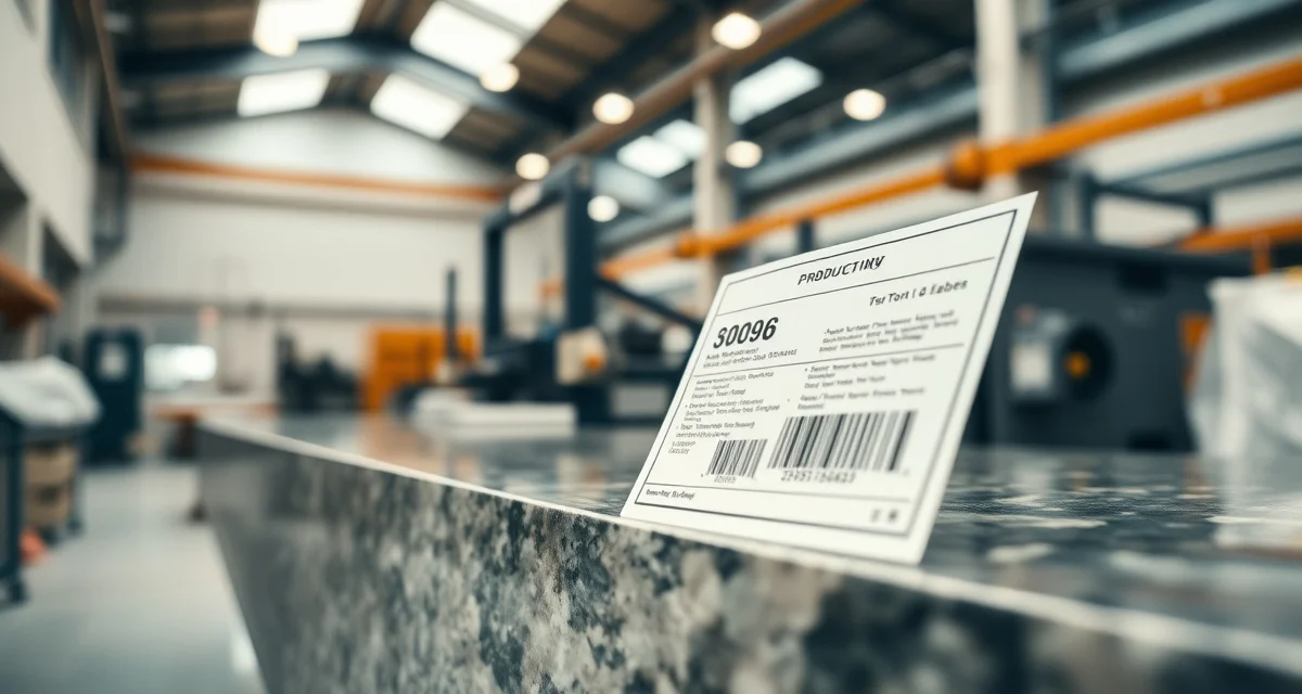 Stone slab tracking and labeling for fabrication management SPEEDlabel production labeling system displaying printed job labels on stone countertop slabs in fabrication shop