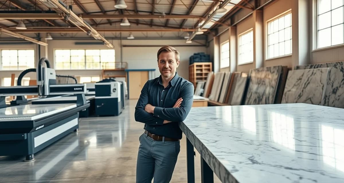 Professional fabrication shop startup guide Modern countertop fabrication shop with CNC equipment and stone slabs, showing professional workspace setup for starting a fabrication business.
