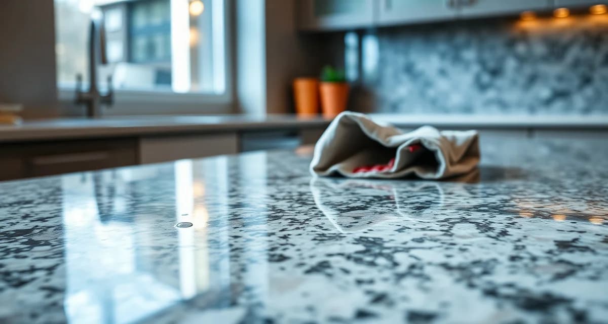 Proper stone countertop care extends surface life Professional cleaning and maintenance of a sealed granite countertop surface with microfiber cloth in a modern kitchen