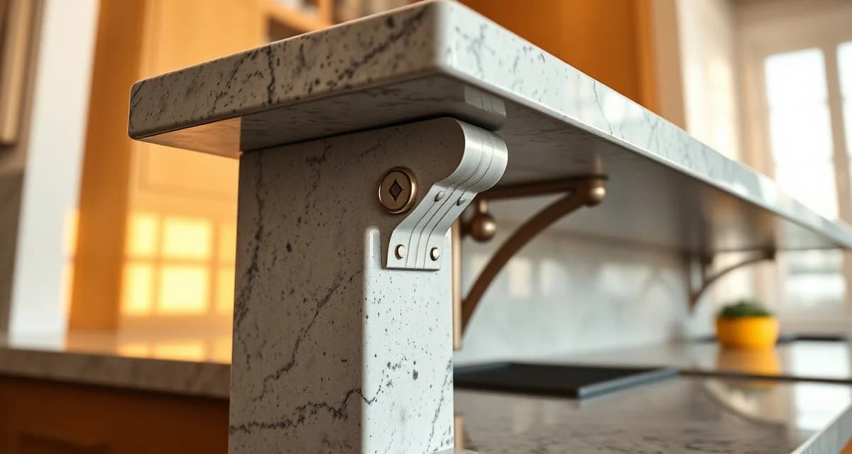 Corbel support structure for stone countertops Stone countertop corbel bracket supporting an overhanging countertop edge with proper spacing and installation
