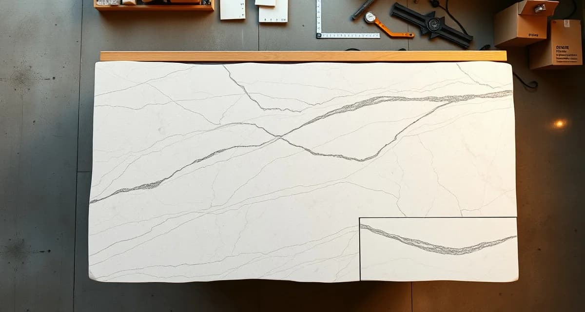 Optimizing stone slab nesting to reduce countertop cutting waste Stone countertop slab showing cutting layout with waste pieces separated from finished countertop sections in fabrication shop