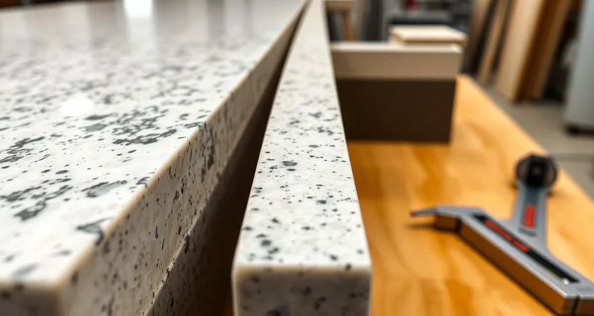 Professional edge profile consistency in countertop fabrication Consistent stone countertop edge profiles showing uniform beveled and bullnose finishing on granite and quartz samples