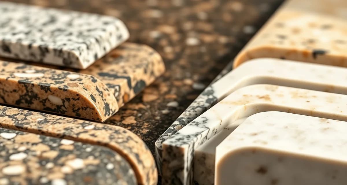 Edge profile varieties for countertop fabrication Multiple stone countertop edge profile samples showing beveled, ogee, bullnose, and other shaped contours in polished granite and marble