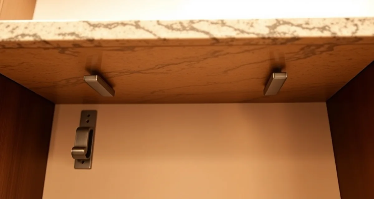 Countertop overhang support system installation Stone countertop overhang supported by metal brackets and corbels installed beneath the granite surface edge.