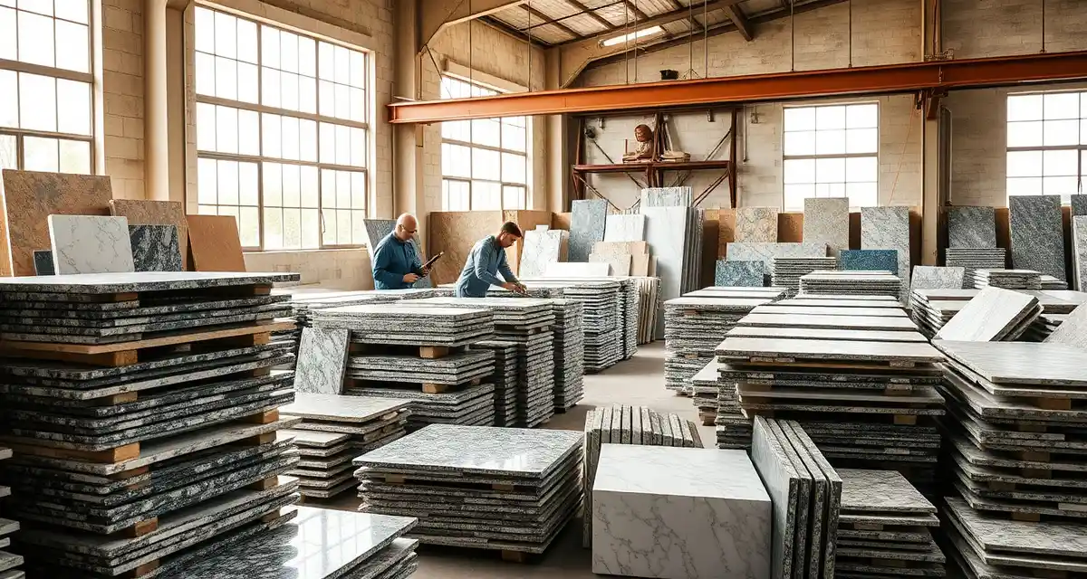 Remnant stone slab inventory management Stone countertop remnants organized in a professional fabrication shop, showing leftover slab pieces ready for repurposing and resale.