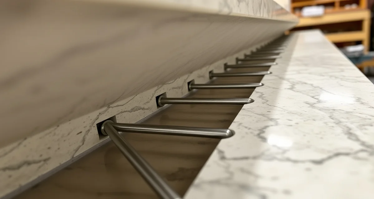Countertop rodding structural reinforcement process Steel rods embedded in routed channels on stone countertop underside, secured with epoxy for structural reinforcement and crack prevention.