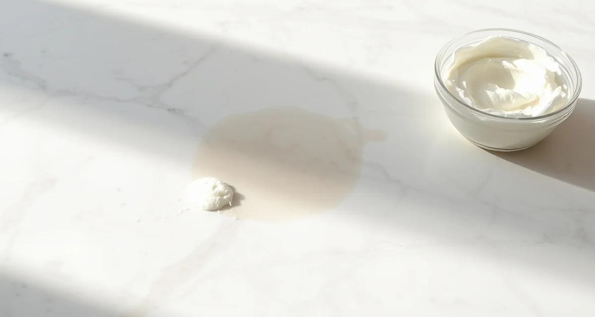 Stone stain removal poultice treatment process Professional stone countertop stain removal treatment showing poultice method application on marble surface