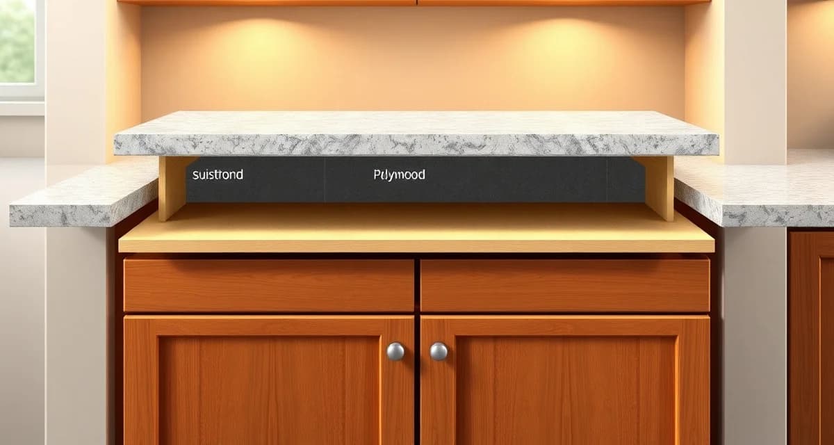 Countertop substrate construction diagram Cross-section diagram of countertop substrate layer showing plywood base material supporting stone slab installation on kitchen cabinets.