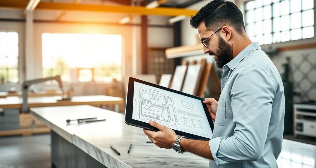 Quality control template verification in stone fabrication Stone fabricator verifying digital countertop template measurements for quality control before fabrication begins