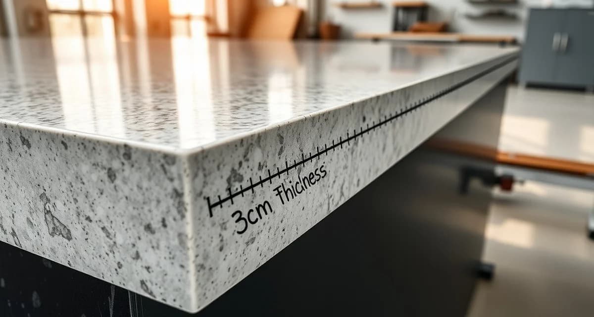 Standard stone countertop thickness comparison Cross-section view of 3cm stone countertop thickness with measurement scale, showing premium granite or quartz fabrication quality standards.