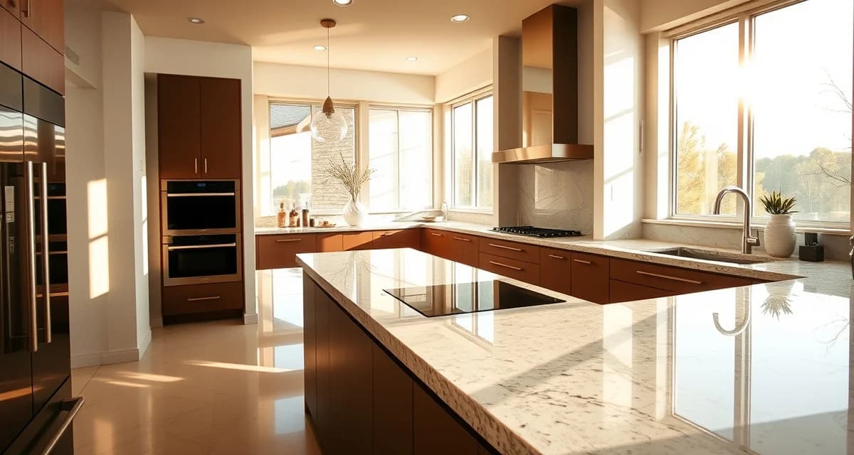Kitchen countertop value investment example Modern kitchen featuring premium stone countertops with natural lighting, illustrating countertop ROI and home value increase