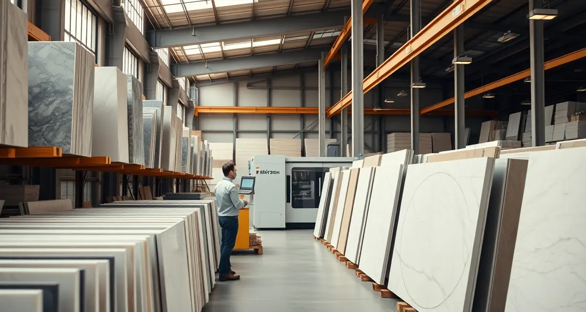 Real-time slab inventory pipeline for stone distributors Stone distributor warehouse with integrated slab inventory management system connecting to CNC fabrication equipment