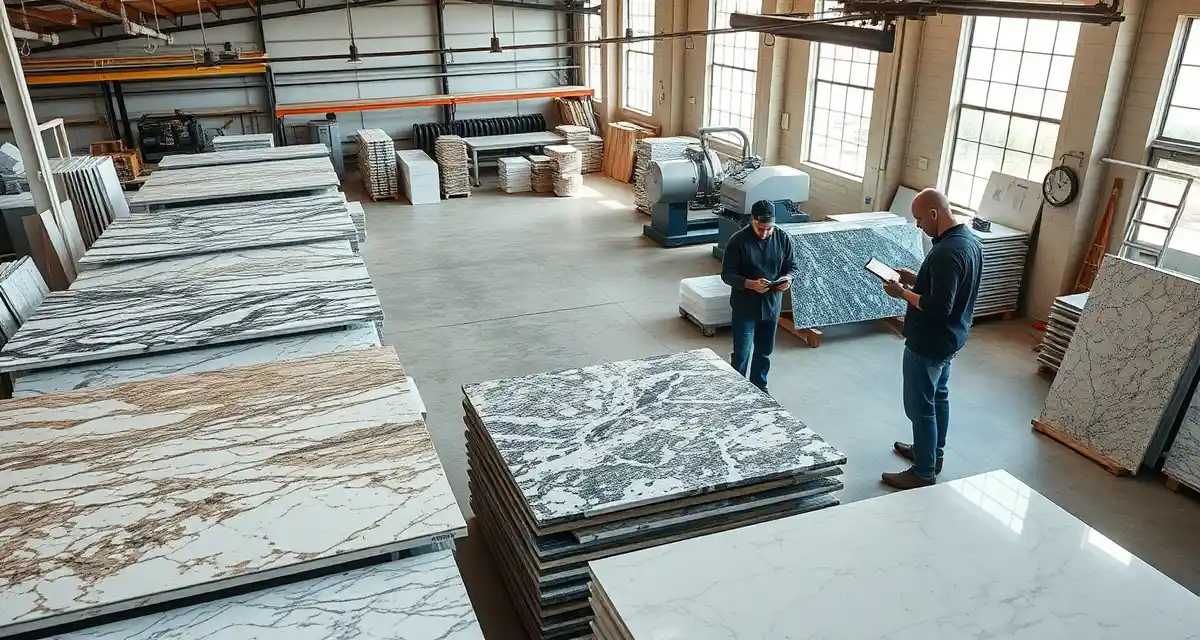 Enterprise fabrication management for high-volume countertop shops Modern countertop fabrication shop using SlabWise Enterprise software to manage high-volume stone slab production and job scheduling