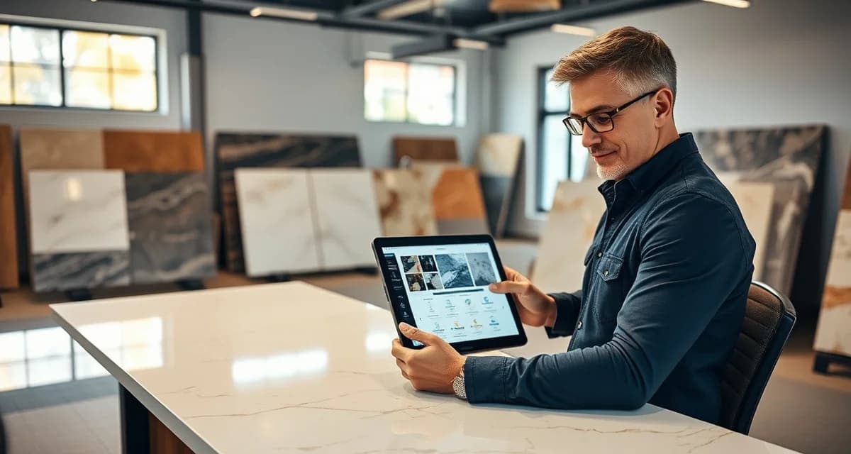 Selecting the right fabrication software for stone shops Stone shop manager comparing fabrication software options on tablet at modern office desk with countertop samples