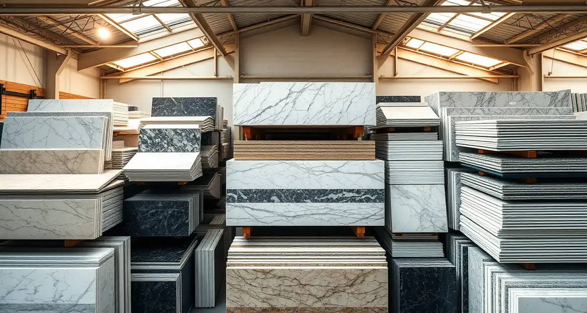 Efficient remnant inventory organization Organized stone remnant inventory system showing stacked countertop pieces sorted by color in a professional fabrication shop.