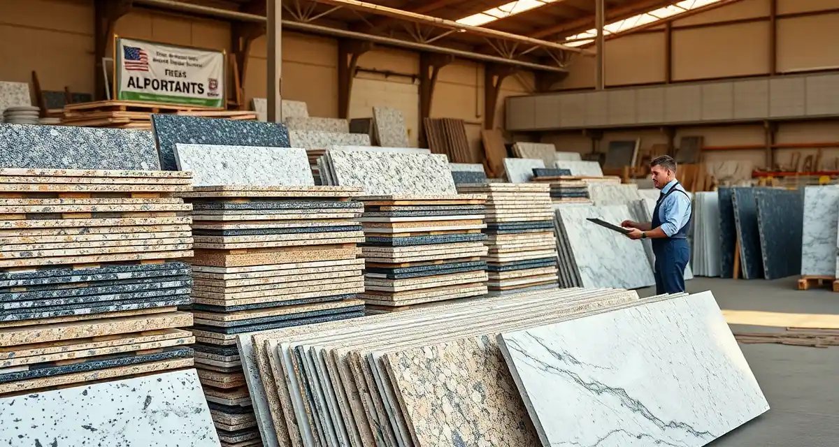 Stone countertop remnants inventory management Organized stone remnants in fabrication shop yard ready for profitable resale to customers