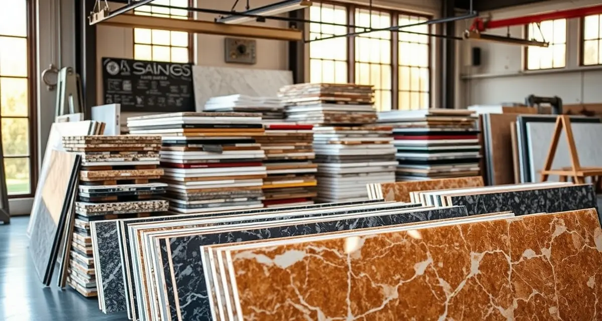 Converting leftover stone remnants into profitable revenue Organized stone remnant slabs in a countertop fabrication workshop showing granite, quartz, and marble pieces ready for resale