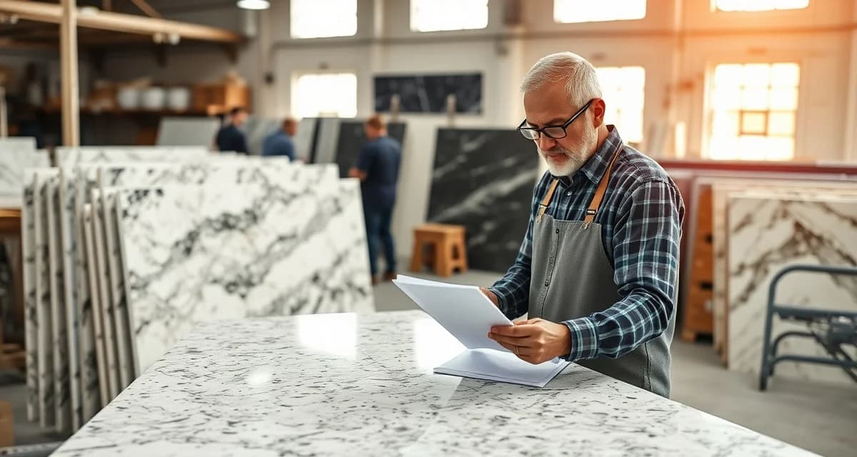 Quality control management in growing stone fabrication shops Stone countertop shop owner reviewing quality checks during fabrication growth phase, managing team and maintaining standards