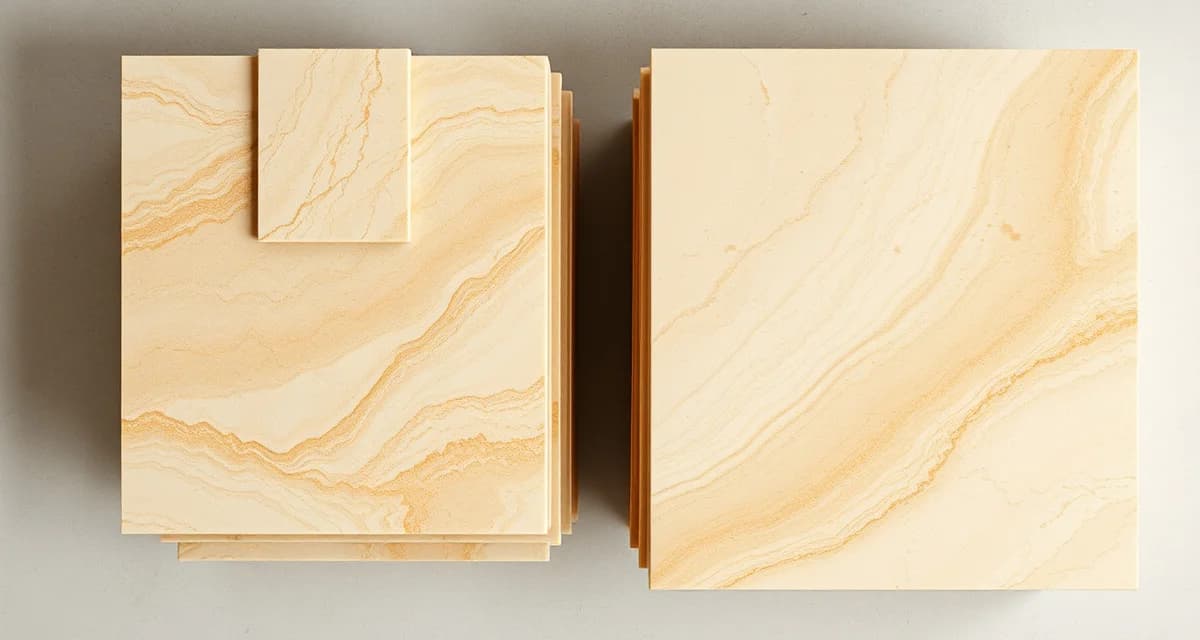 Sequential stone slabs in a fabrication bundle Stacked stone slab bundle showing sequential cuts with matching veining patterns from same quarry block
