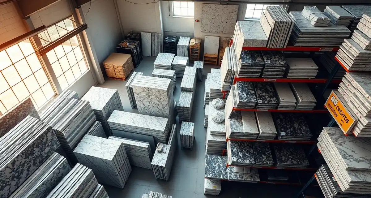 Professional slab inventory organization and tracking Organized stone slab inventory system in a countertop fabrication shop warehouse with labeled storage racks and organized granite and quartz pieces