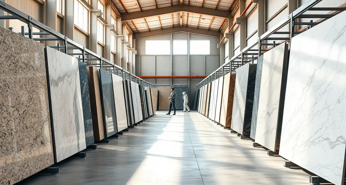 Organized stone slab yard with natural lighting Interior view of a professional stone slab yard showing organized displays of granite, marble, and quartzite slabs in a bright warehouse setting.