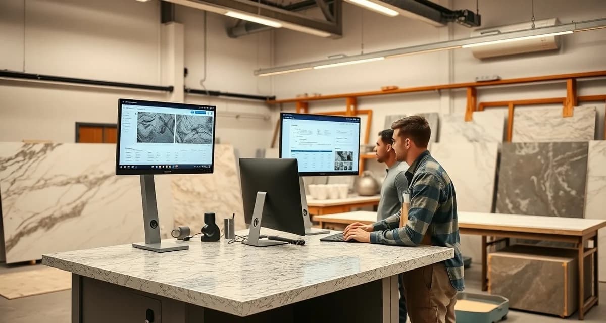 Stone countertop fabrication shop management software comparison Countertop fabrication shop manager comparing StoneGrid alternatives on computer for stone shop management software.