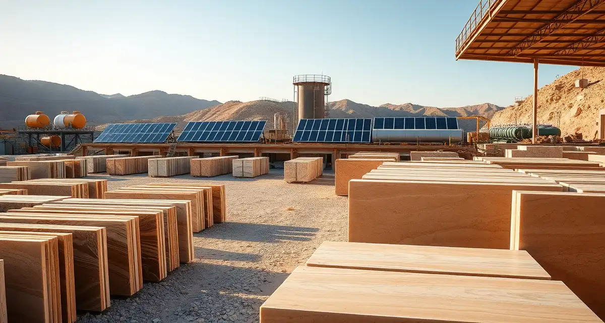 Eco-friendly stone quarrying and sustainable sourcing Sustainable stone sourcing practices at a modern quarry with organized natural stone slabs and eco-friendly extraction equipment.