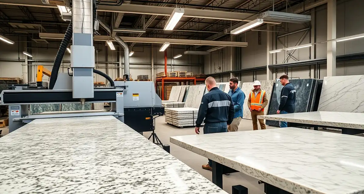 Tampa countertop fabrication workshop with CNC equipment Professional countertop fabricators in Tampa, FL using advanced CNC machinery to precision-cut granite and quartz slabs in a modern fabrication shop.