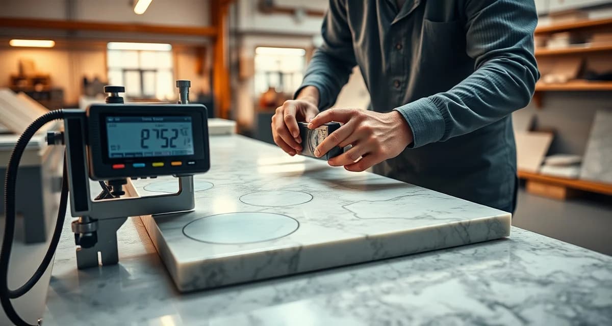 Template verification and quality control in countertop fabrication Quality control technician inspecting stone countertop template to prevent costly fabrication errors and remakes in stonework shop