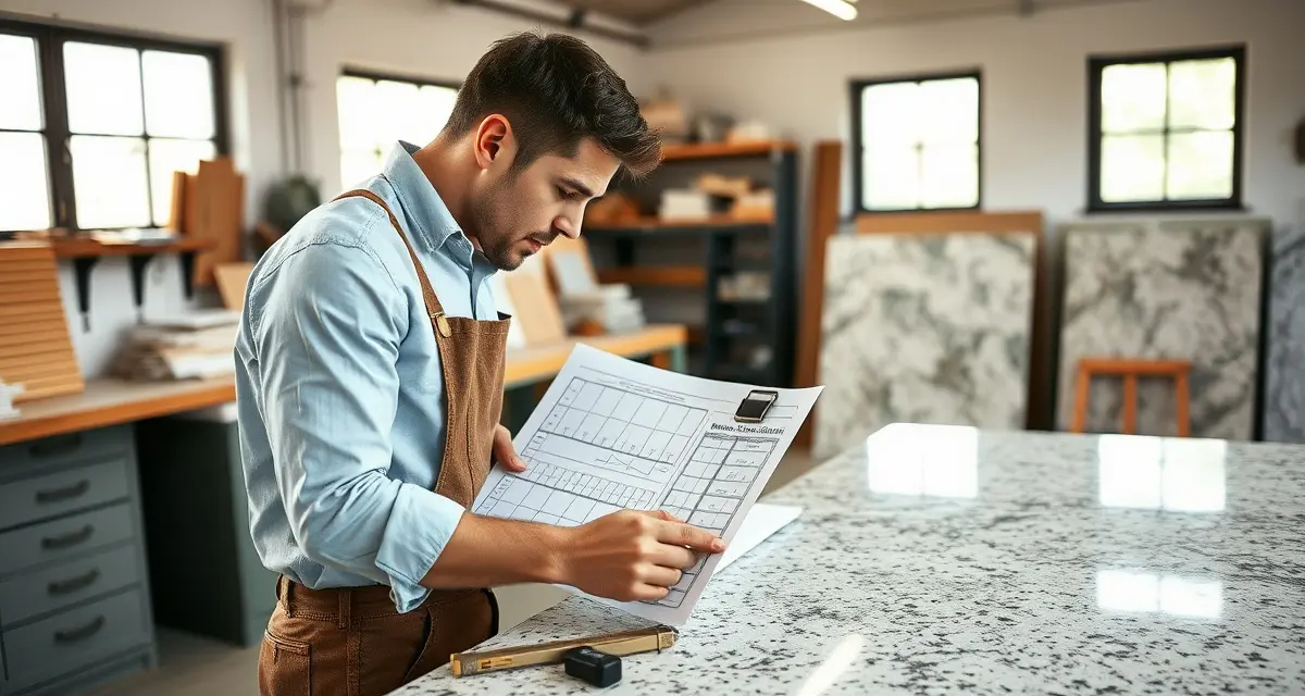 Quality control verification process for stone countertop templates Countertop fabricator reviewing template verification checklist with precision measuring tools and stone samples on workbench