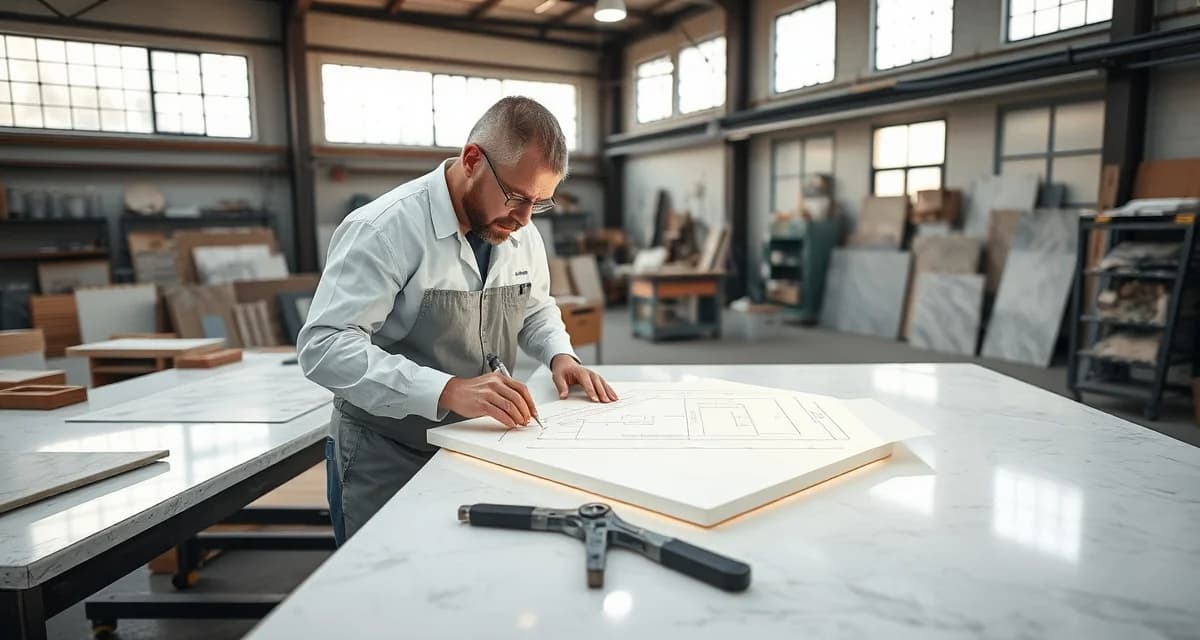 Template verification quality assurance in stone fabrication Quality control inspector reviewing countertop template specifications and measurements during template verification process in fabrication shop