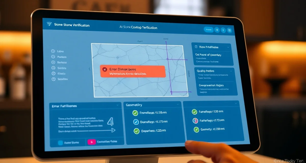 Countertop template verification software dashboard AI-powered template verification tool interface detecting dimension errors and geometry issues in digital countertop designs before fabrication