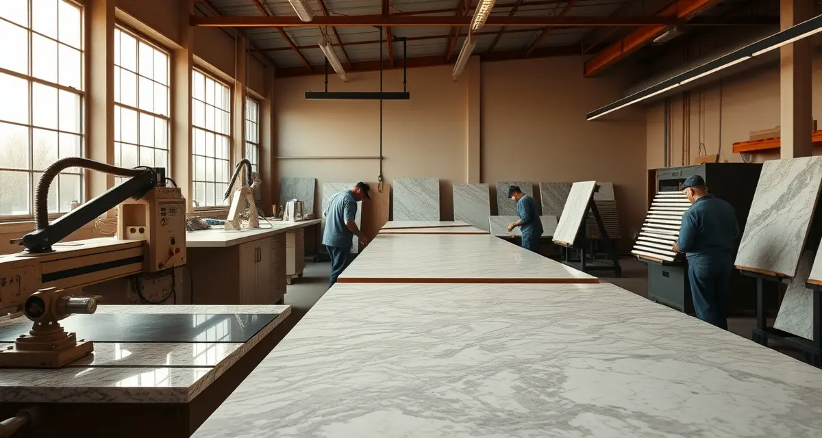 SlabWise countertop software for Tennessee fabrication shops Modern countertop fabrication shop in Tennessee with stone slabs, cutting equipment, and organized workflow management systems