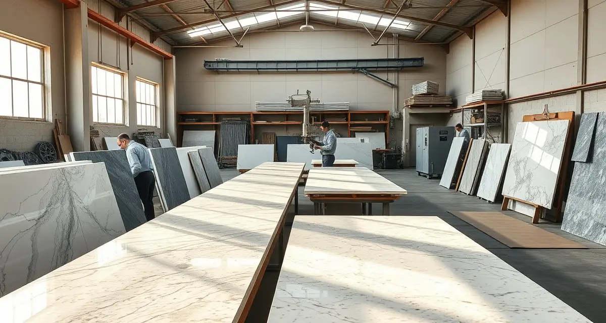 SlabWise countertop software for Texas fabrication shops Modern countertop fabrication shop in Texas with organized stone slabs and precision equipment for efficient shop management