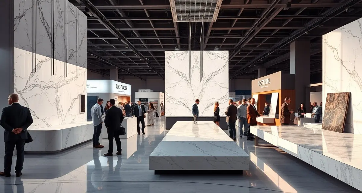 North America's largest stone and tile industry trade event TISE StonExpo trade show exhibition hall featuring natural stone countertop displays and industry professionals
