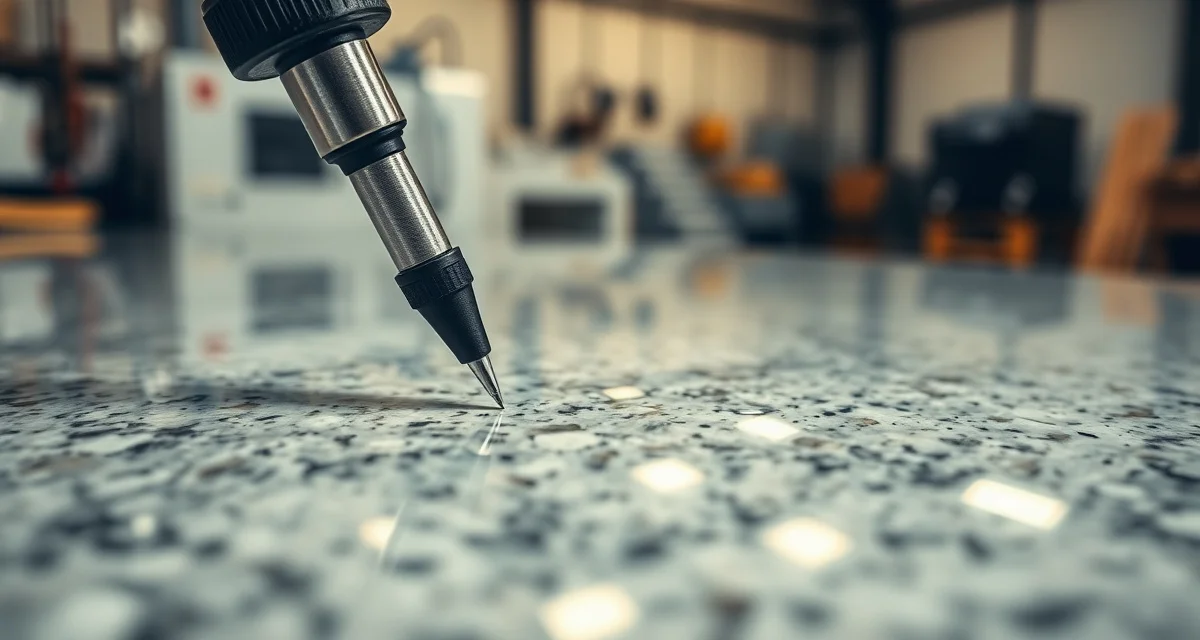 Touch probe measurement technology for countertop fabrication Precision touch probe stylus contacting granite countertop surface for accurate dimensional measurement in stone fabrication