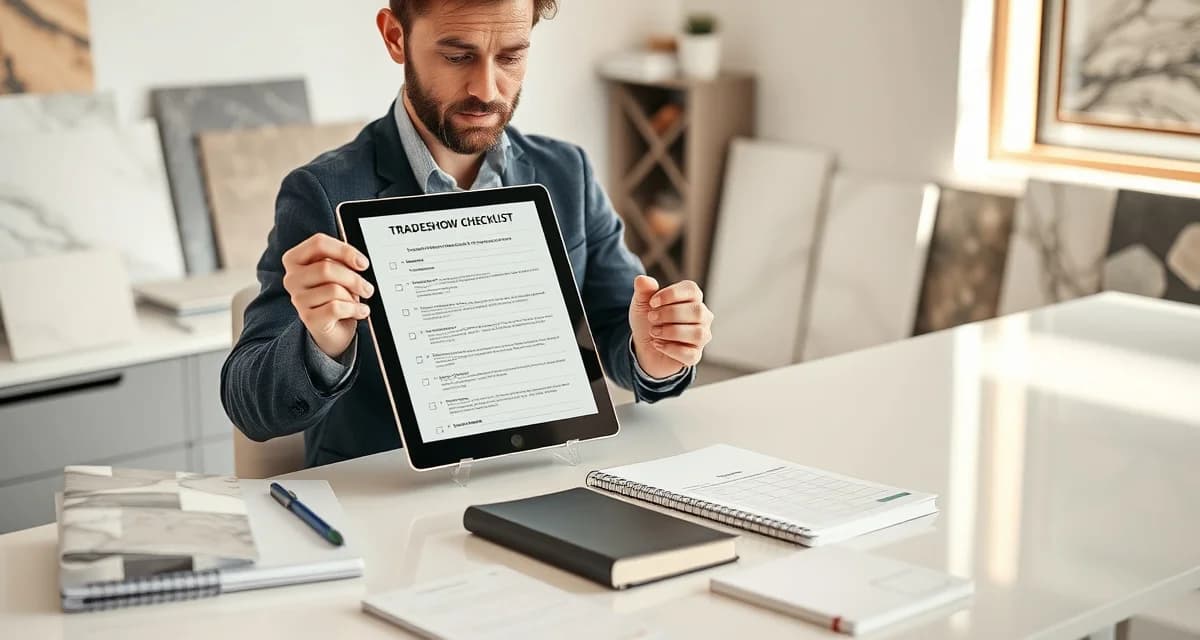 Trade show planning for stone countertop shops Countertop fabrication shop owner planning trade show preparation with organized checklist and stone samples on desk