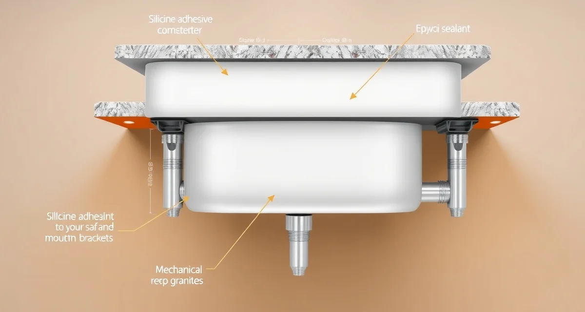 Proper undermount sink mounting method with mechanical support Undermount sink installation showing silicone adhesive, epoxy, and mechanical brackets properly securing sink to countertop